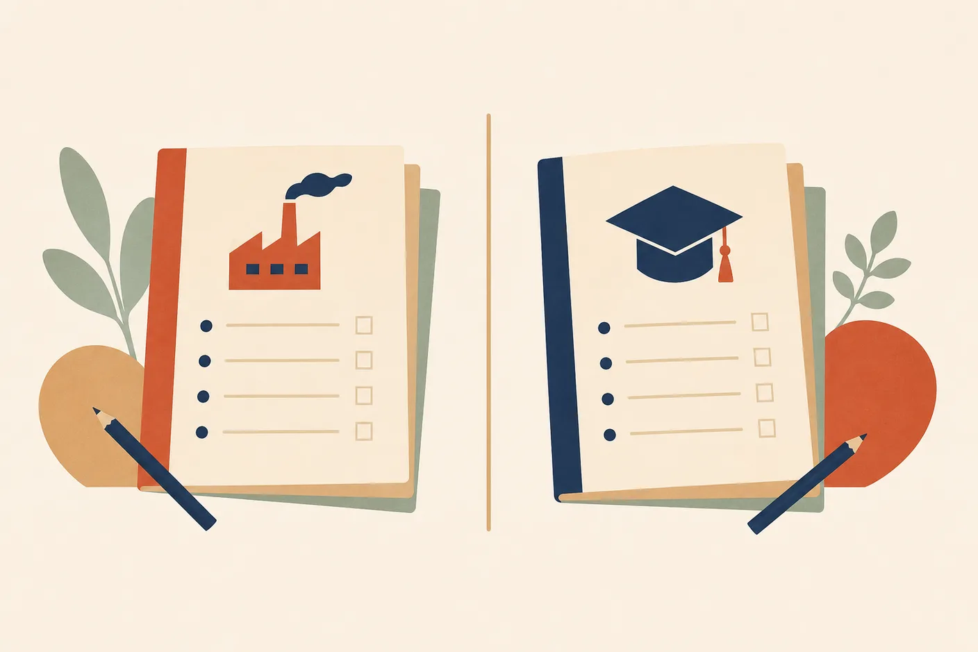 Illustration of two exam booklets side by side, one marked with a small factory icon and the other with a graduation cap icon, a divider line between them
