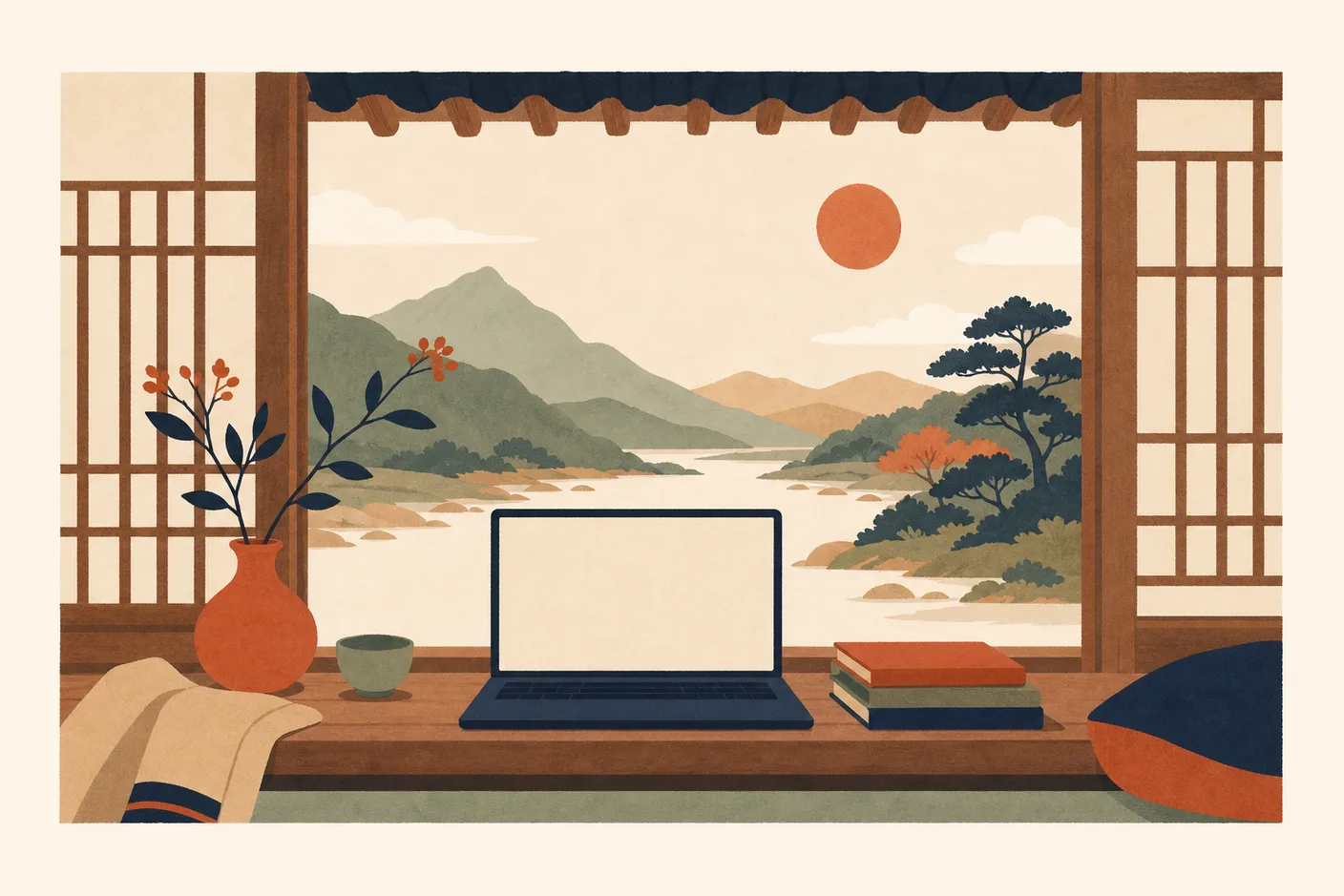 Illustration of a laptop open on a hanok windowsill with mountains and a river beyond