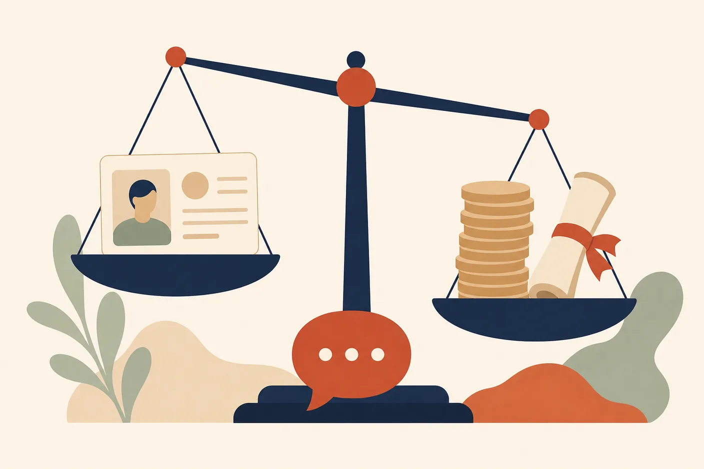 Illustration of a balance scale weighing an ID card against a stack of coins and a small diploma, a speech-bubble icon resting on the scale's base