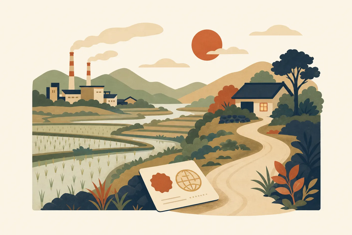 Illustration of a small country town with a factory and rice fields, a winding road leading to a house with a lit window, a paper visa card resting at the roadside