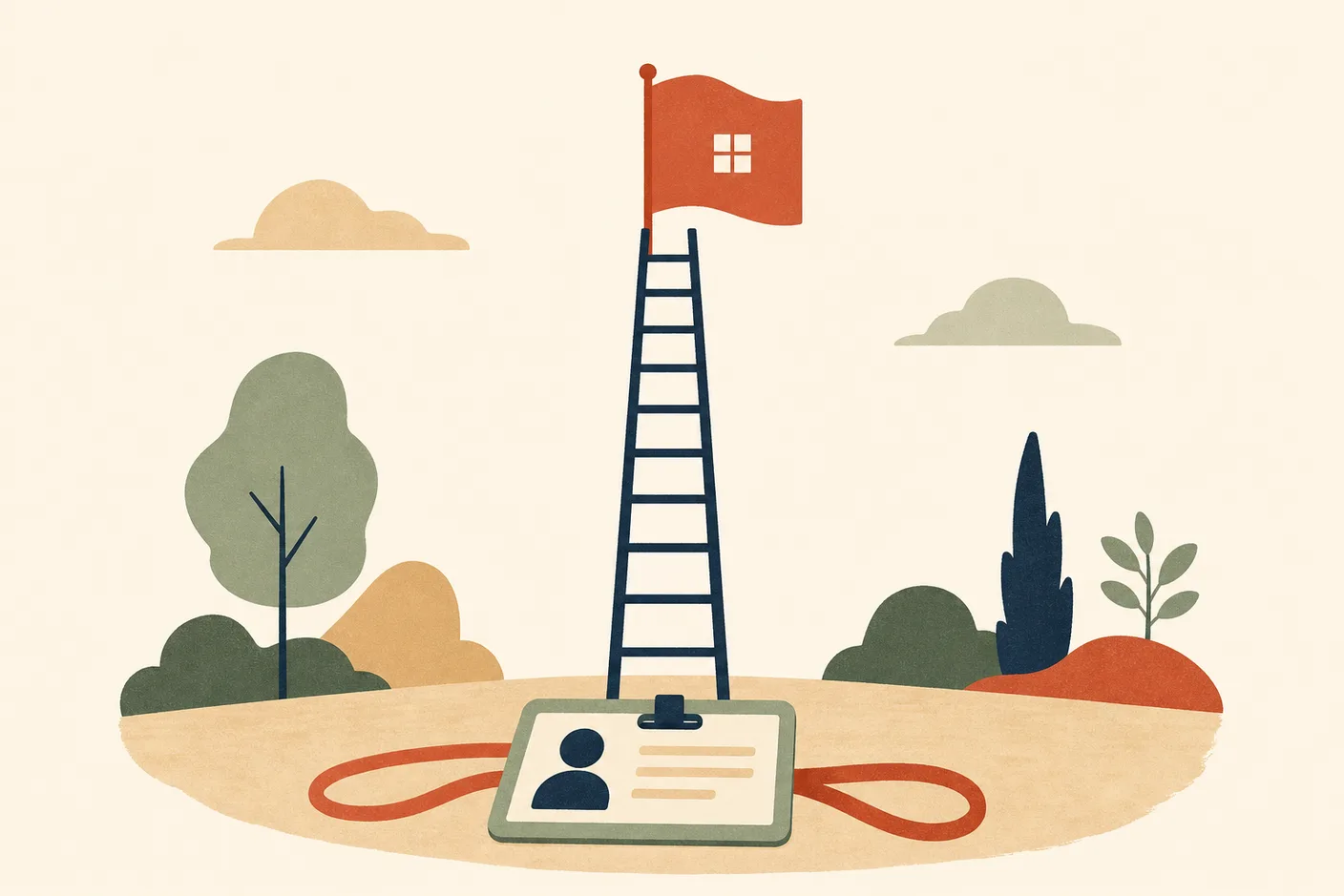 Illustration of a ladder rising from a work badge on the ground to a house-shaped flag above