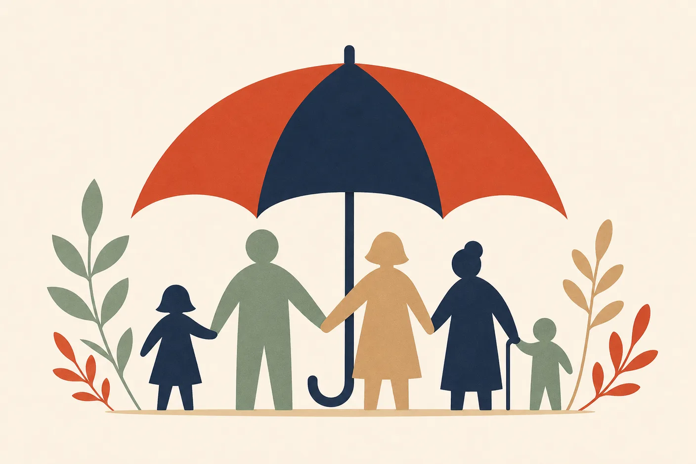 Illustration of a chain of paper-doll family figures holding hands beneath one wide umbrella