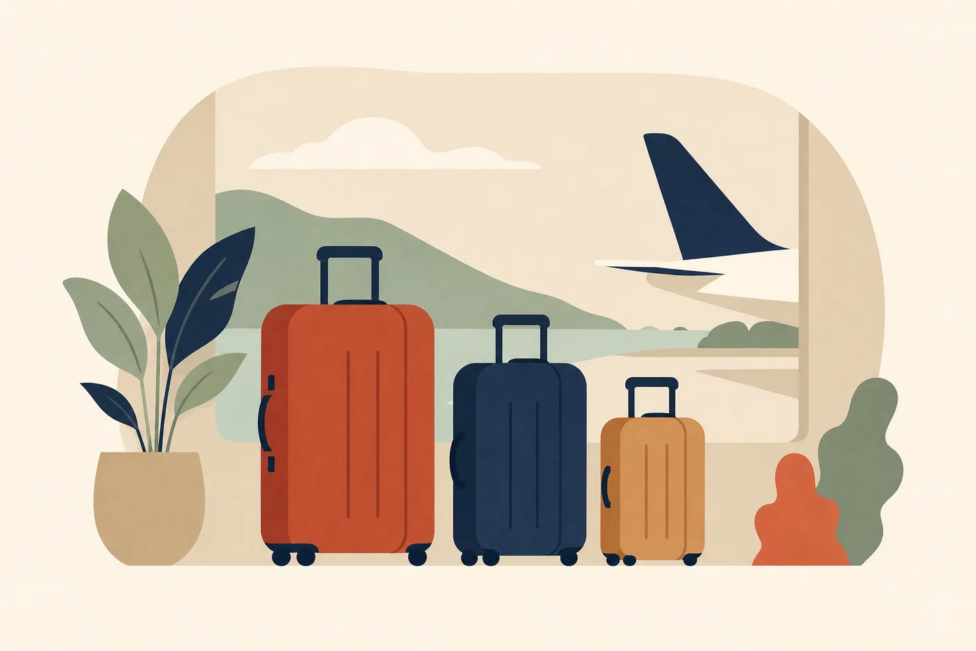 Illustration of three suitcases of descending family sizes lined up at an arrivals gate