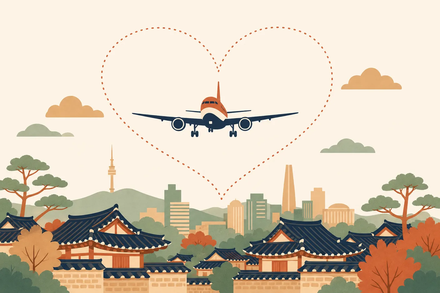 Illustration of an airplane descending toward a skyline of hanok rooftops along a heart-shaped dotted route