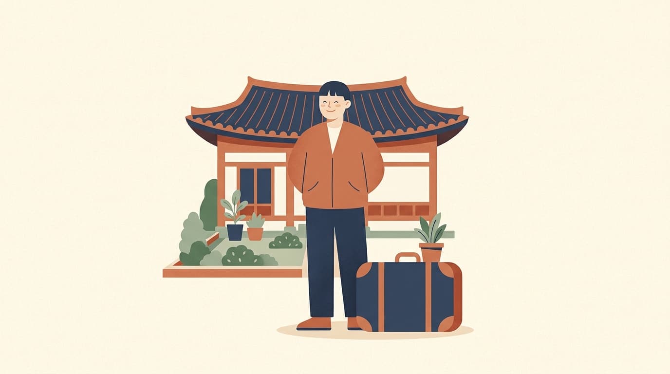 Illustration of a person settling in front of a cozy Korean home with a suitcase