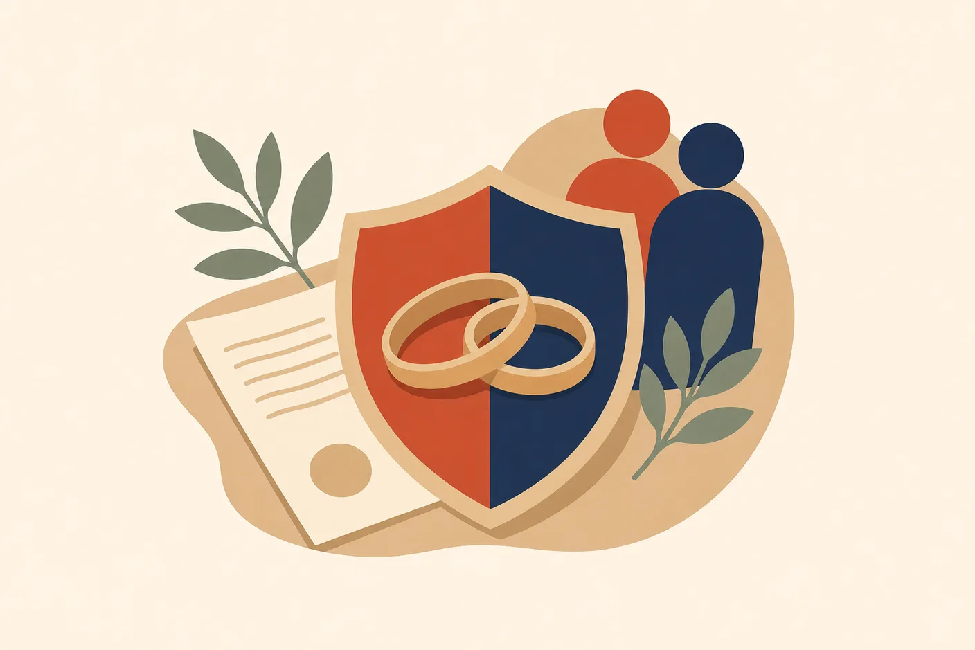 Illustration of two wedding rings resting on a shield with a rights document tucked beneath