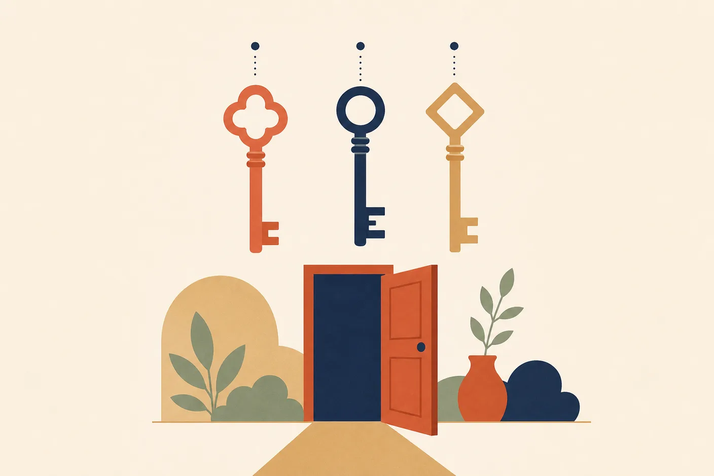Illustration of three differently shaped keys hanging above a single open door