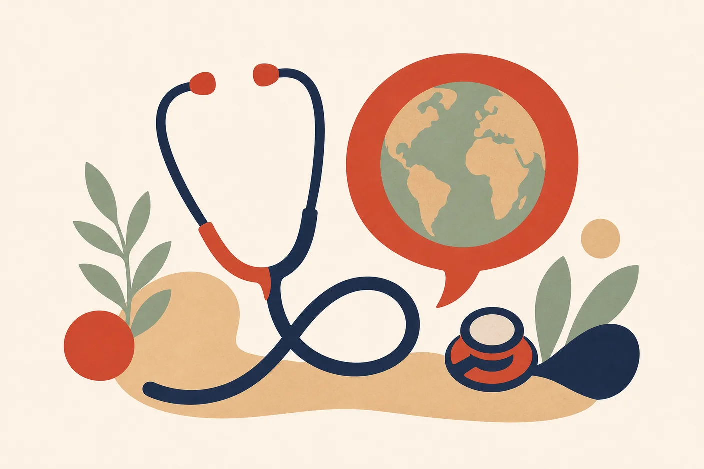Illustration of a stethoscope curled beside a speech bubble containing a small globe