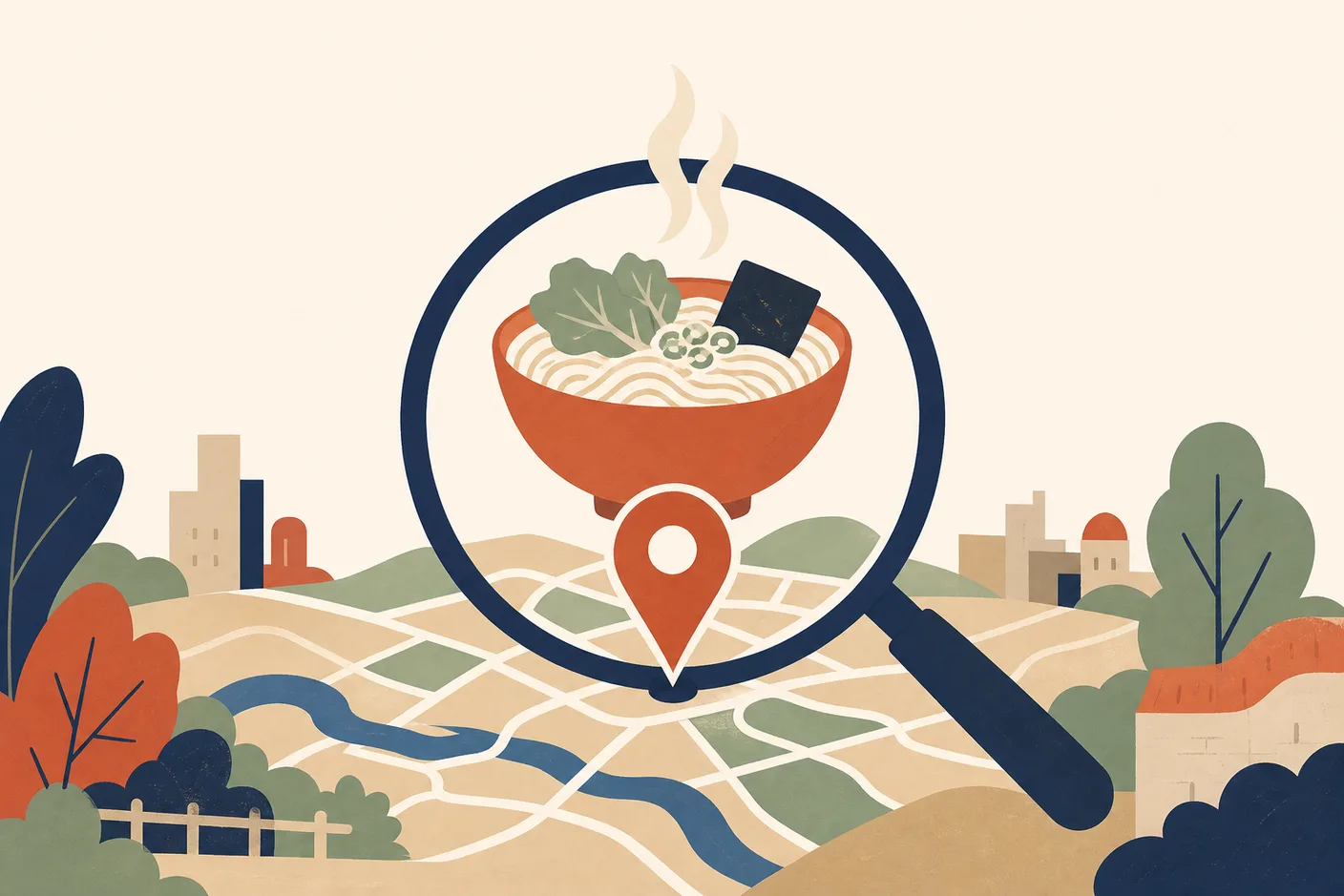 Illustration of a steaming noodle bowl under a magnifying glass hovering over a map pin