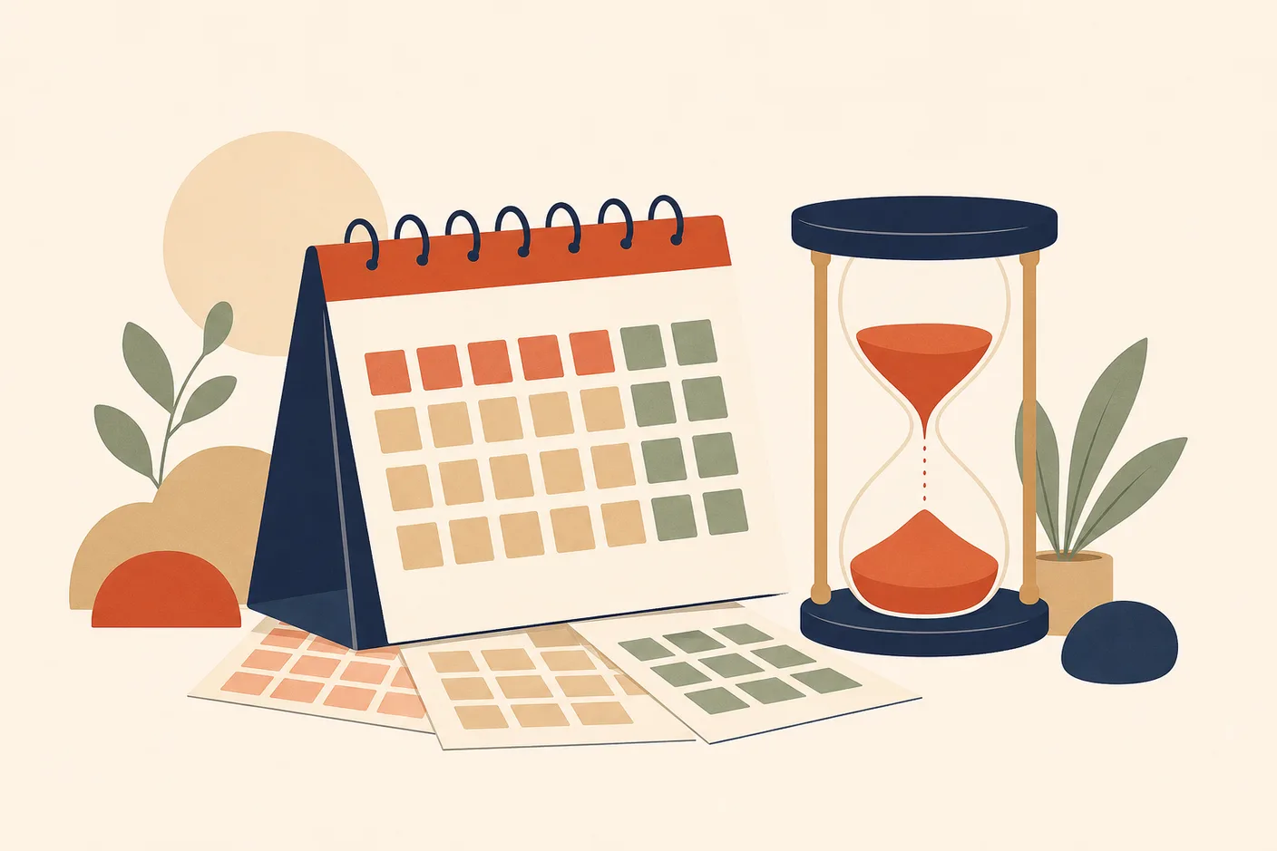 Illustration of a desk calendar with three month pages fanned out beside an hourglass