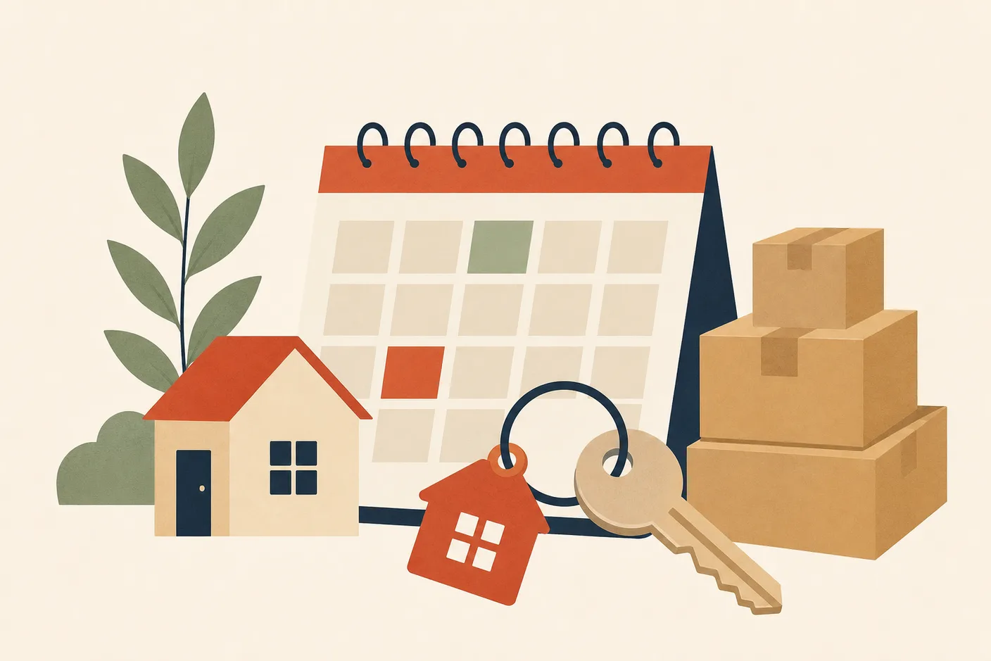 Illustration of a calendar page with a small house icon, moving boxes, and a door key on a keyring laid across it