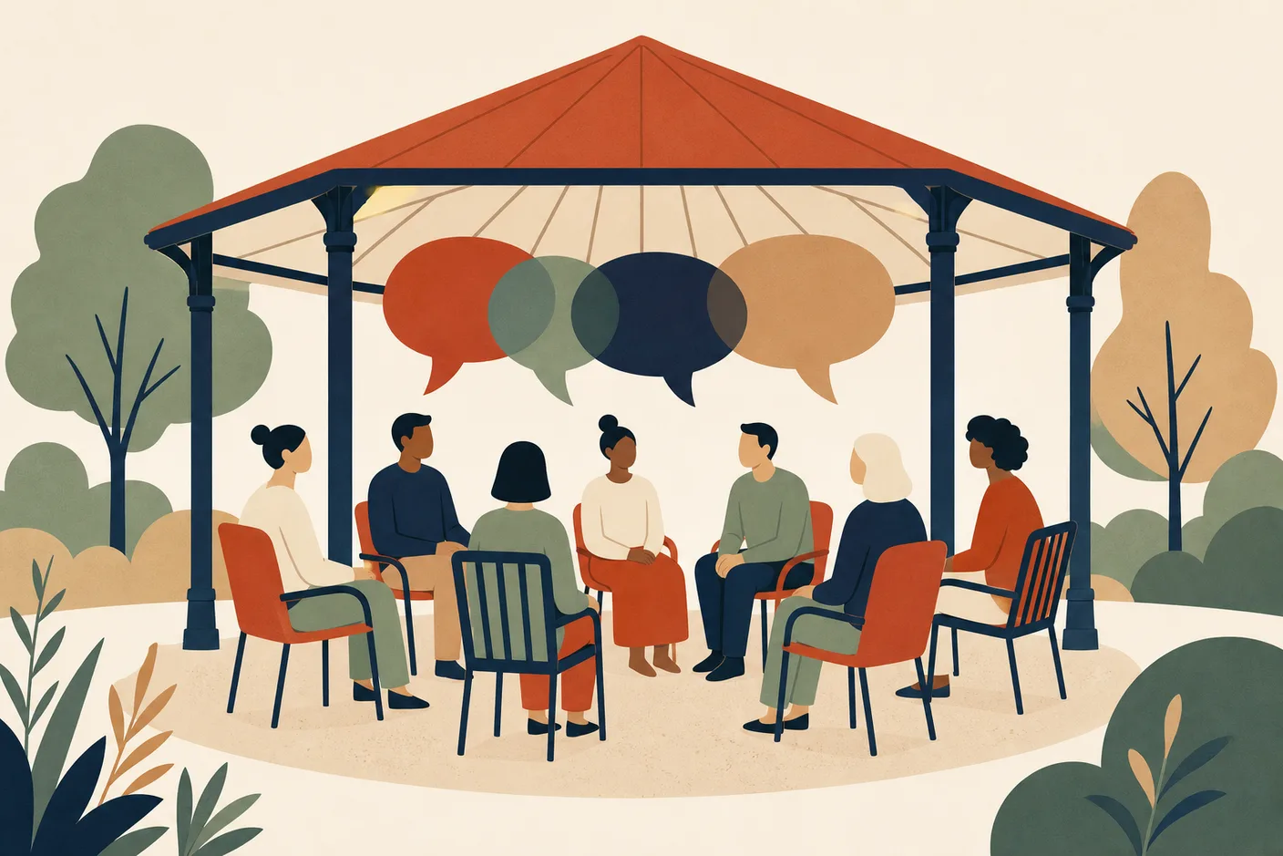 Illustration of a circle of park chairs under a pavilion with overlapping speech bubbles floating above them