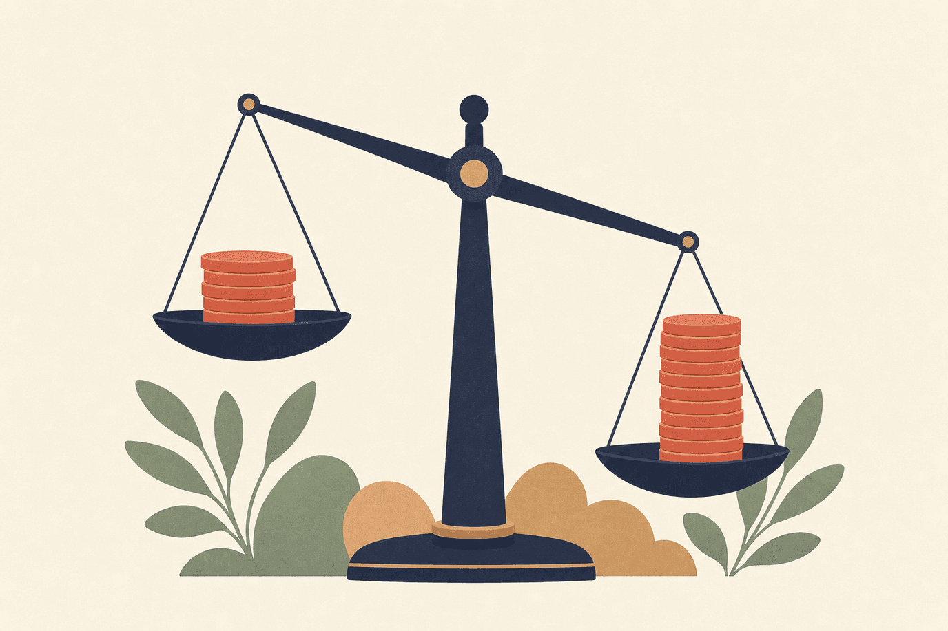 Illustration of a balance scale with two unequal stacks of coins