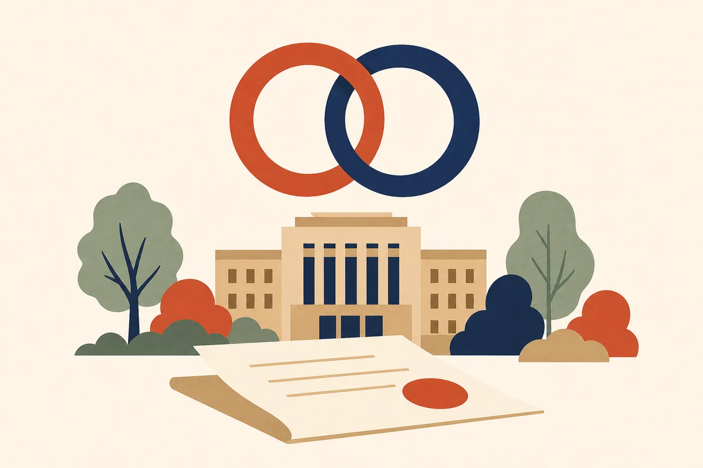 Illustration of two interlocking rings floating above a district office building with a folded document beneath
