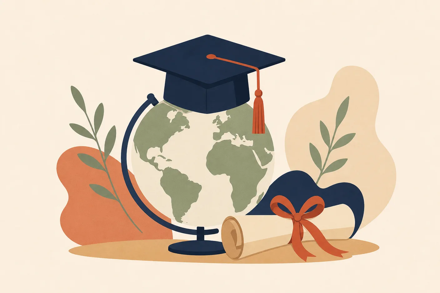 Illustration of a graduation cap sitting on a globe beside a ribbon-tied scroll