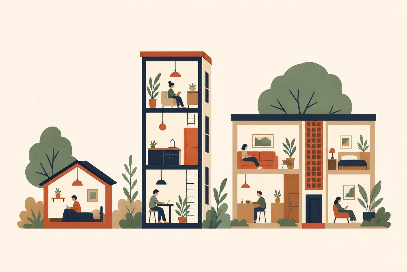 Illustration of three homes side by side in ascending size: a tiny single room, a slim studio tower, and a small low-rise flat