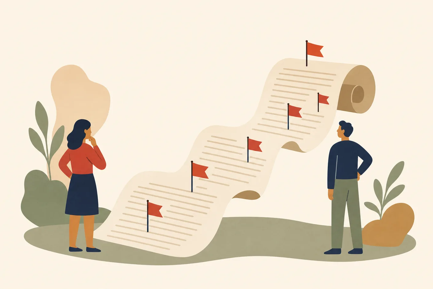 Illustration of a long contract with several small red flags planted along its clauses