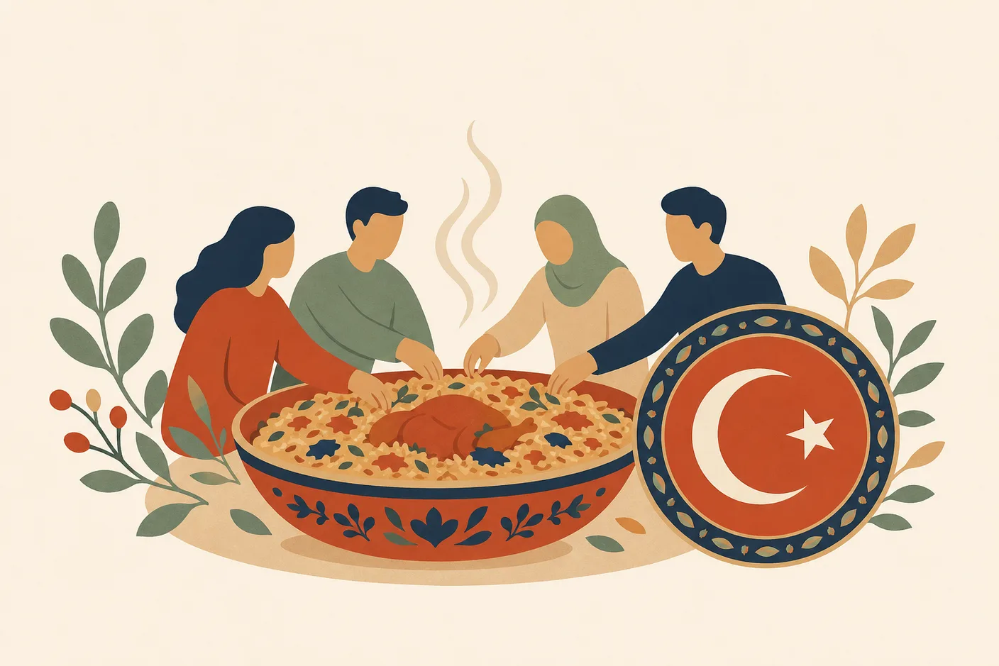 Illustration of a steaming shared dish beside a crescent-and-star certification medallion