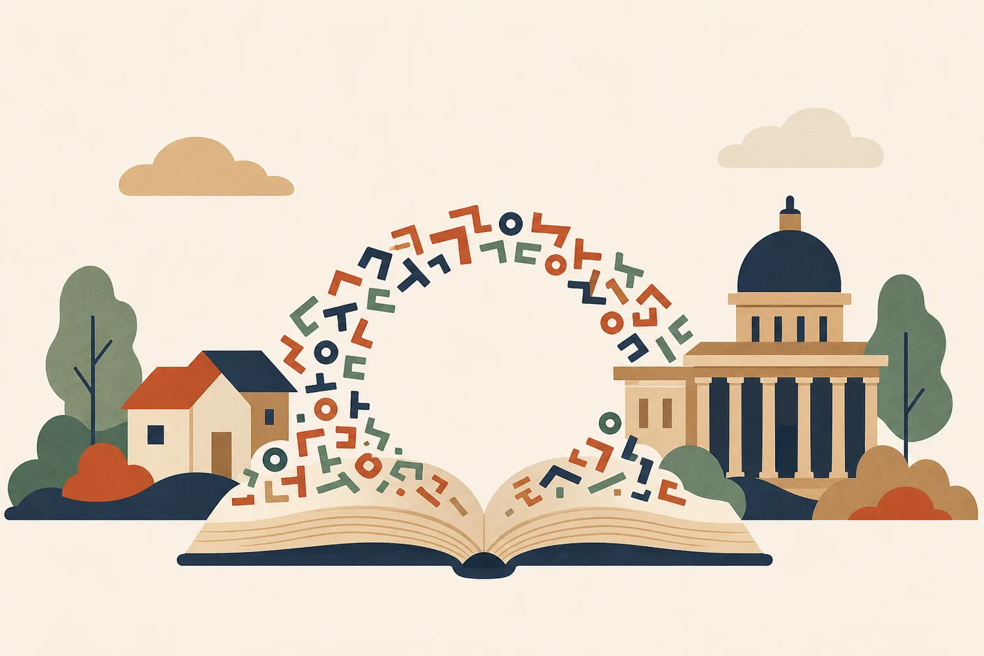 Illustration of an open storybook with Hangul characters rising from its pages to form a bridge between a small house silhouette and a government building silhouette