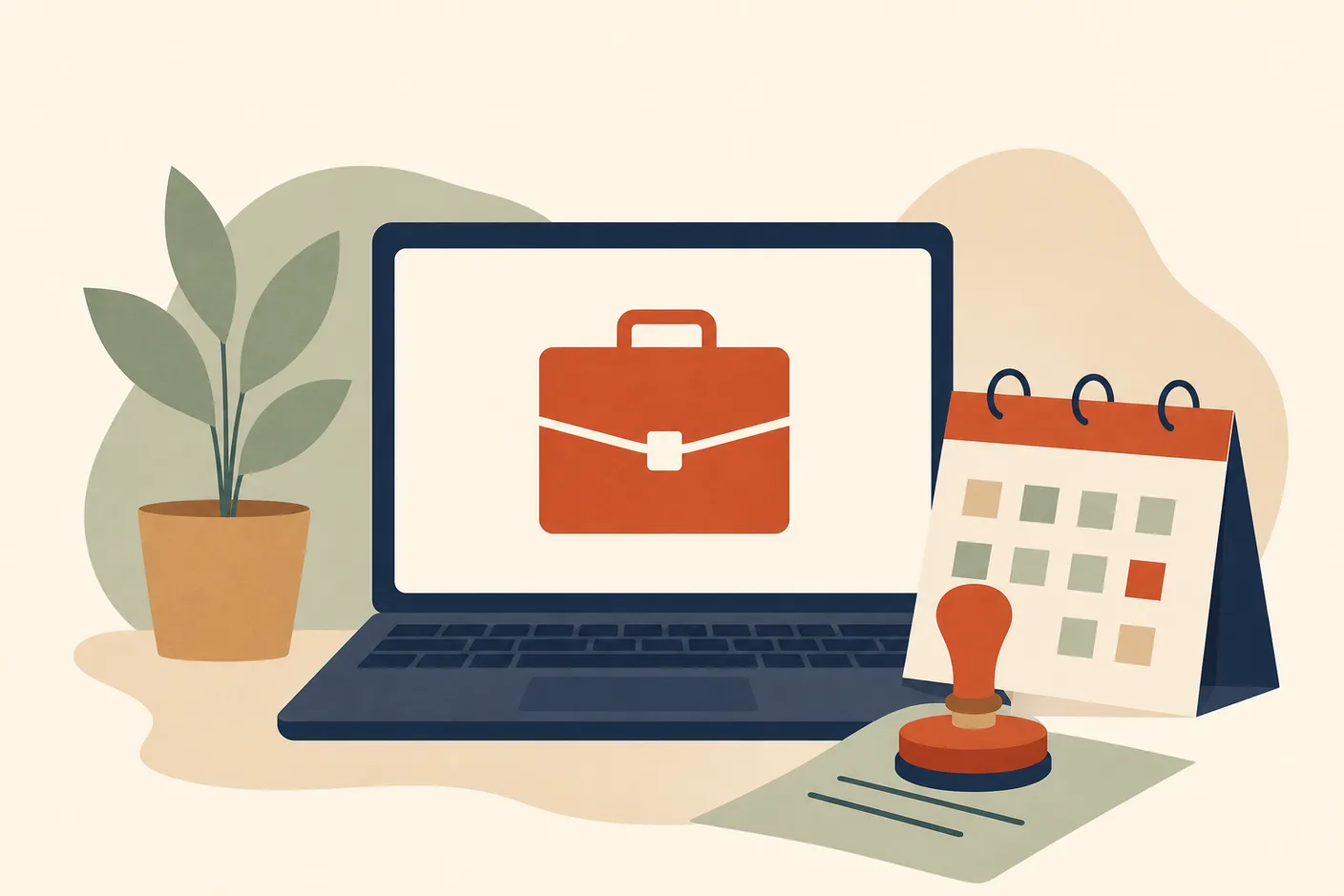 Illustration of a laptop with a simple briefcase icon on screen, a calendar page and a round ink stamp beside the keyboard