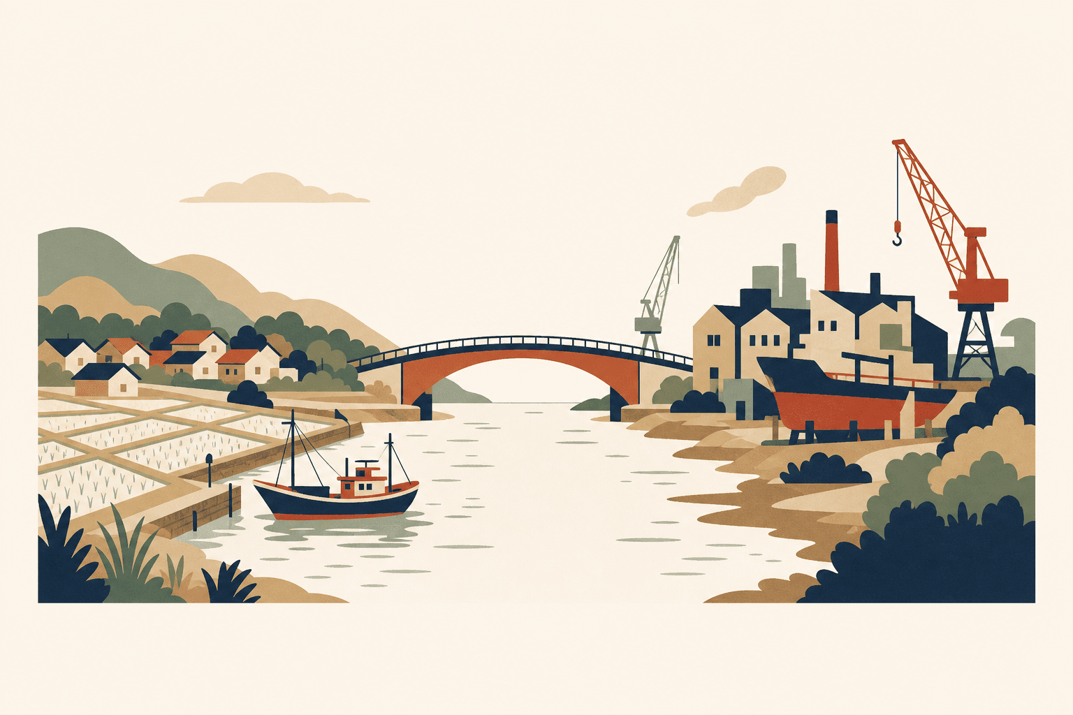Illustration of a wide landscape split down the middle by a river valley, on one side flat rice paddies and a small harbor with a fishing boat, on the other side factory buildings and shipyard cranes, a single bridge arching across the river connecting the two sides
