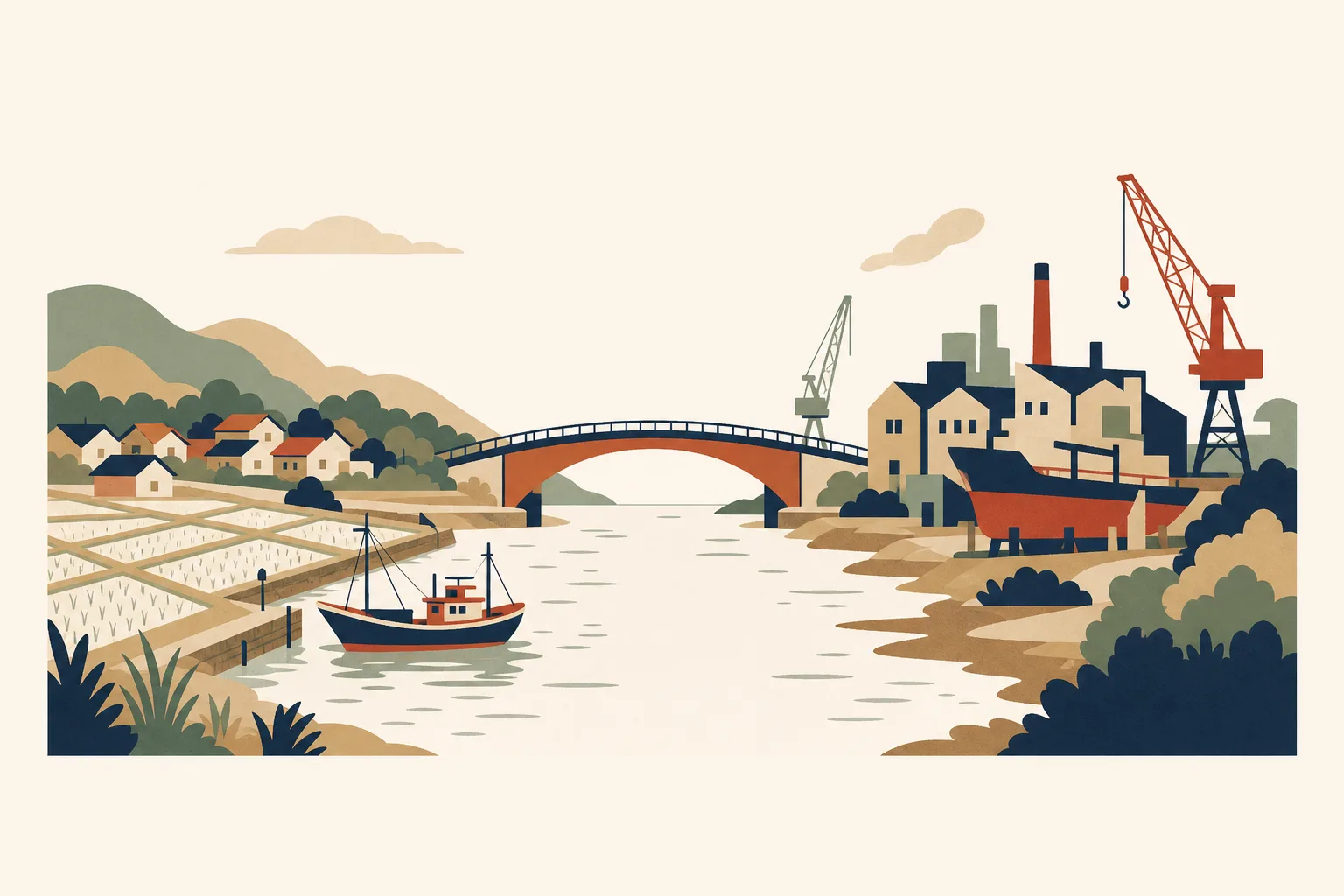 Illustration of a wide landscape split down the middle by a river valley, on one side flat rice paddies and a small harbor with a fishing boat, on the other side factory buildings and shipyard cranes, a single bridge arching across the river connecting the two sides