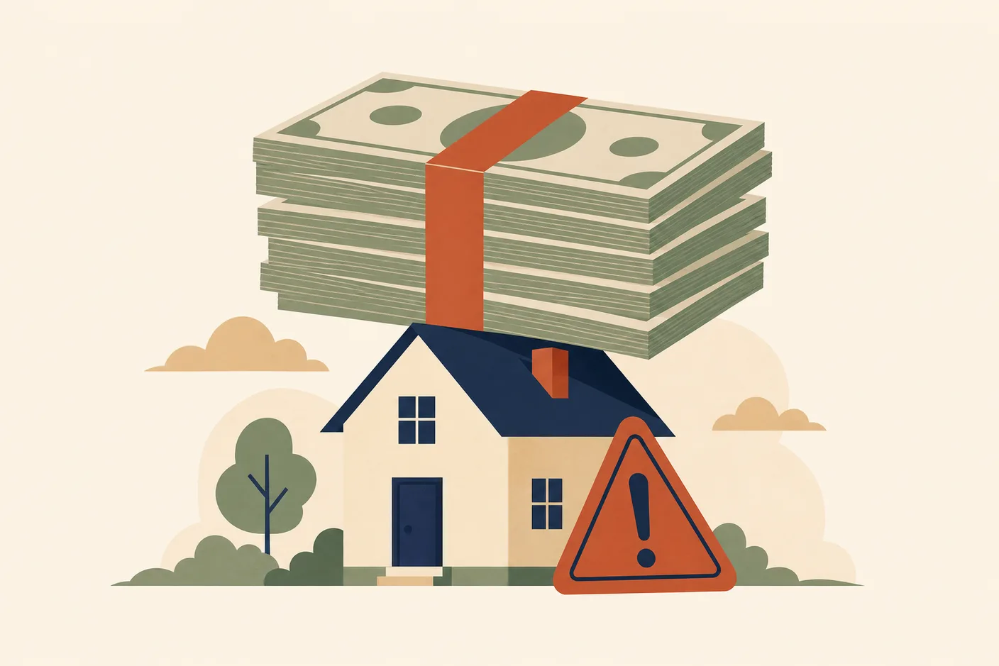 Illustration of an oversized stack of banknotes balanced on top of a small house, a caution triangle leaning against it