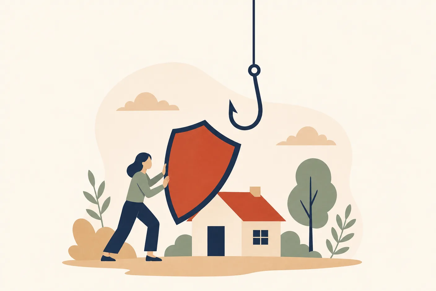 Illustration of a fishing hook dangling over a small house, blocked by a raised shield