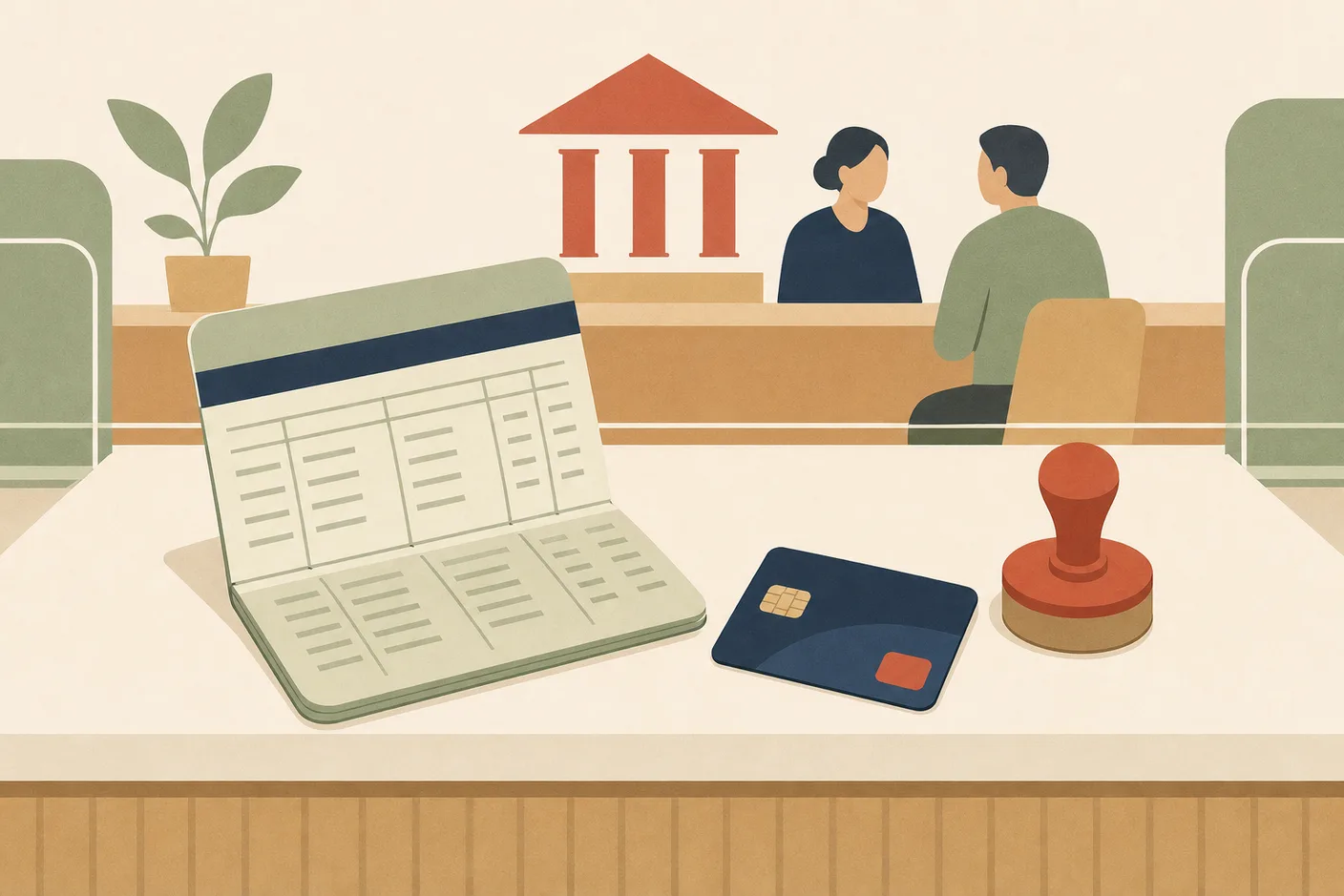 Illustration of a bank passbook and a bank card on a teller counter beside a round ink stamp