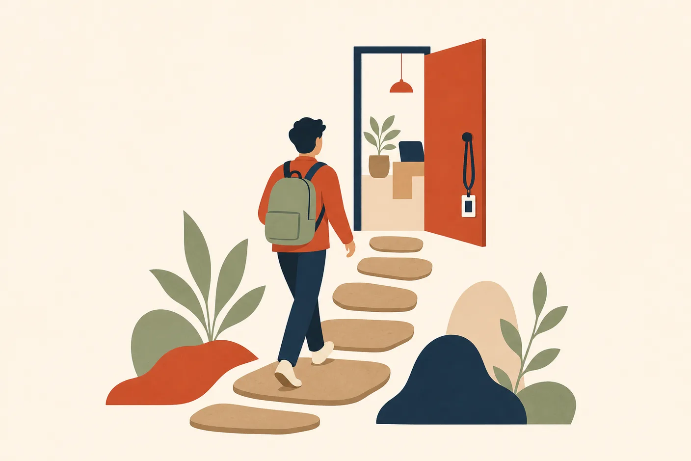 Illustration of a young person with a backpack walking up a short path of stepping stones toward an open office door, a lanyard ID badge hanging on the door handle