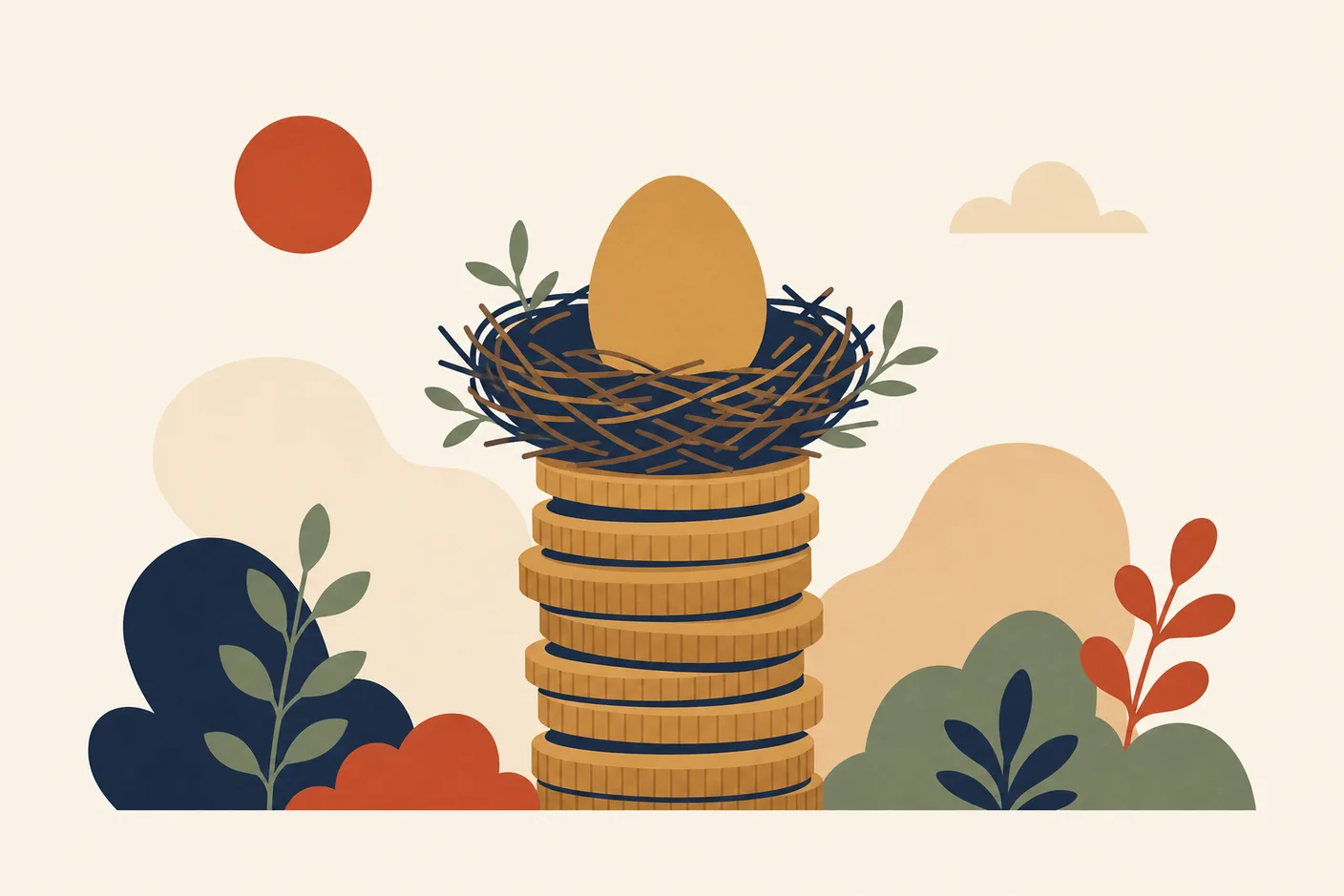 Illustration of a bird's nest holding a golden egg, perched on a rising stack of coins