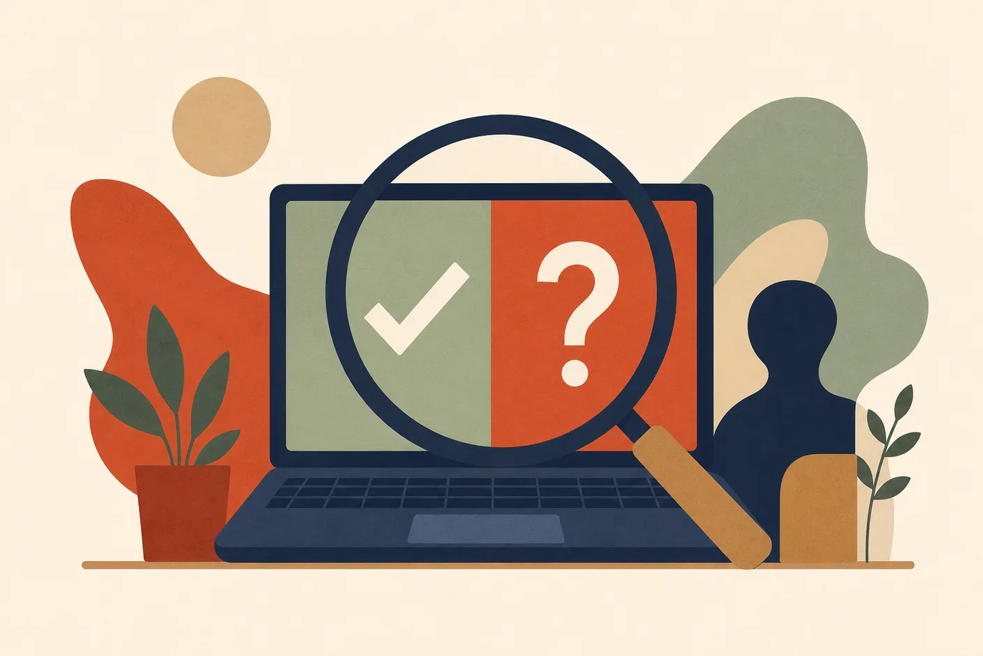 Illustration of a magnifying glass inspecting a laptop screen split between a checkmark and a question mark