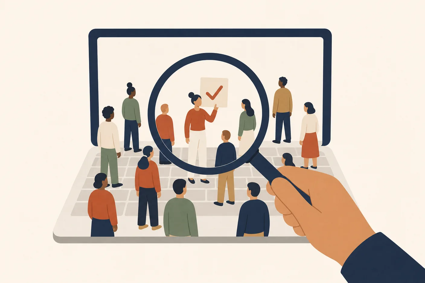Illustration of a magnifying glass held over a crowd of small simplified figures standing on a laptop keyboard, one figure holding a checkmark card