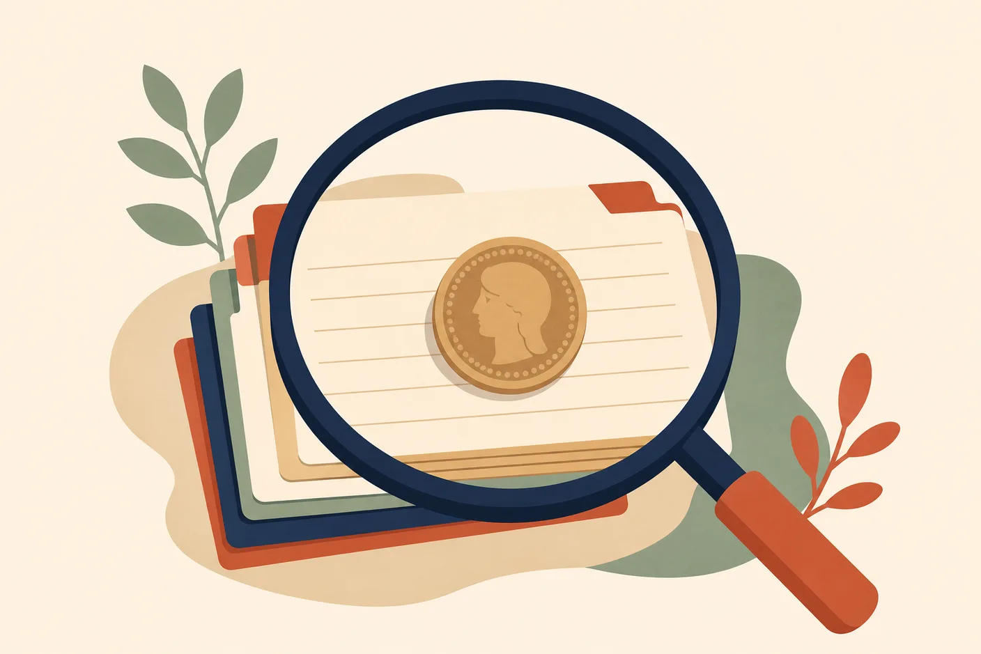 Illustration of a stack of labeled index cards under a large magnifying glass with a coin on top