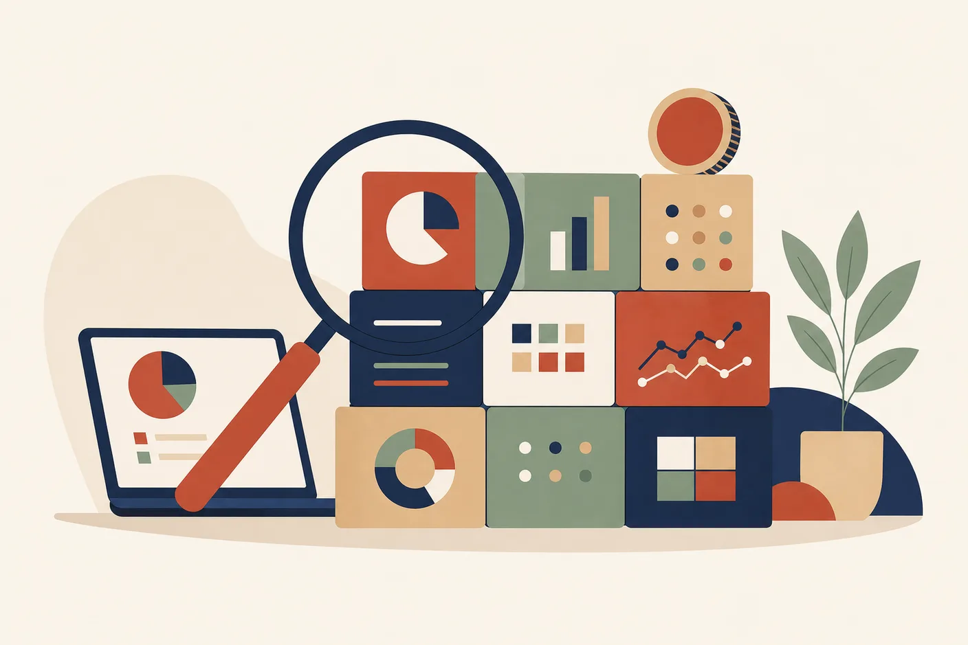 Illustration of a magnifying glass inspecting a row of neat data blocks stacked like bricks beside a laptop, a small coin on the top block