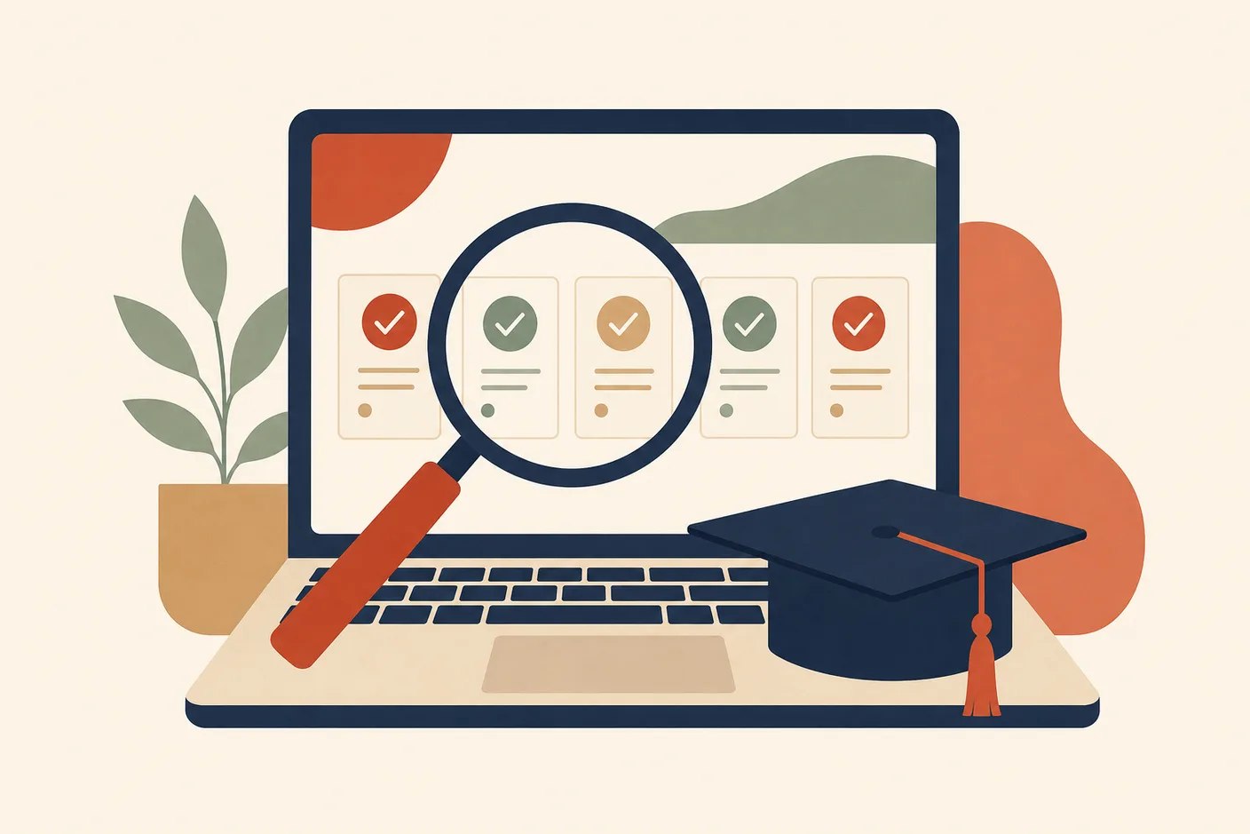 Illustration of a magnifying glass over a laptop showing a row of small task cards with checkmarks, a graduation cap resting beside the trackpad