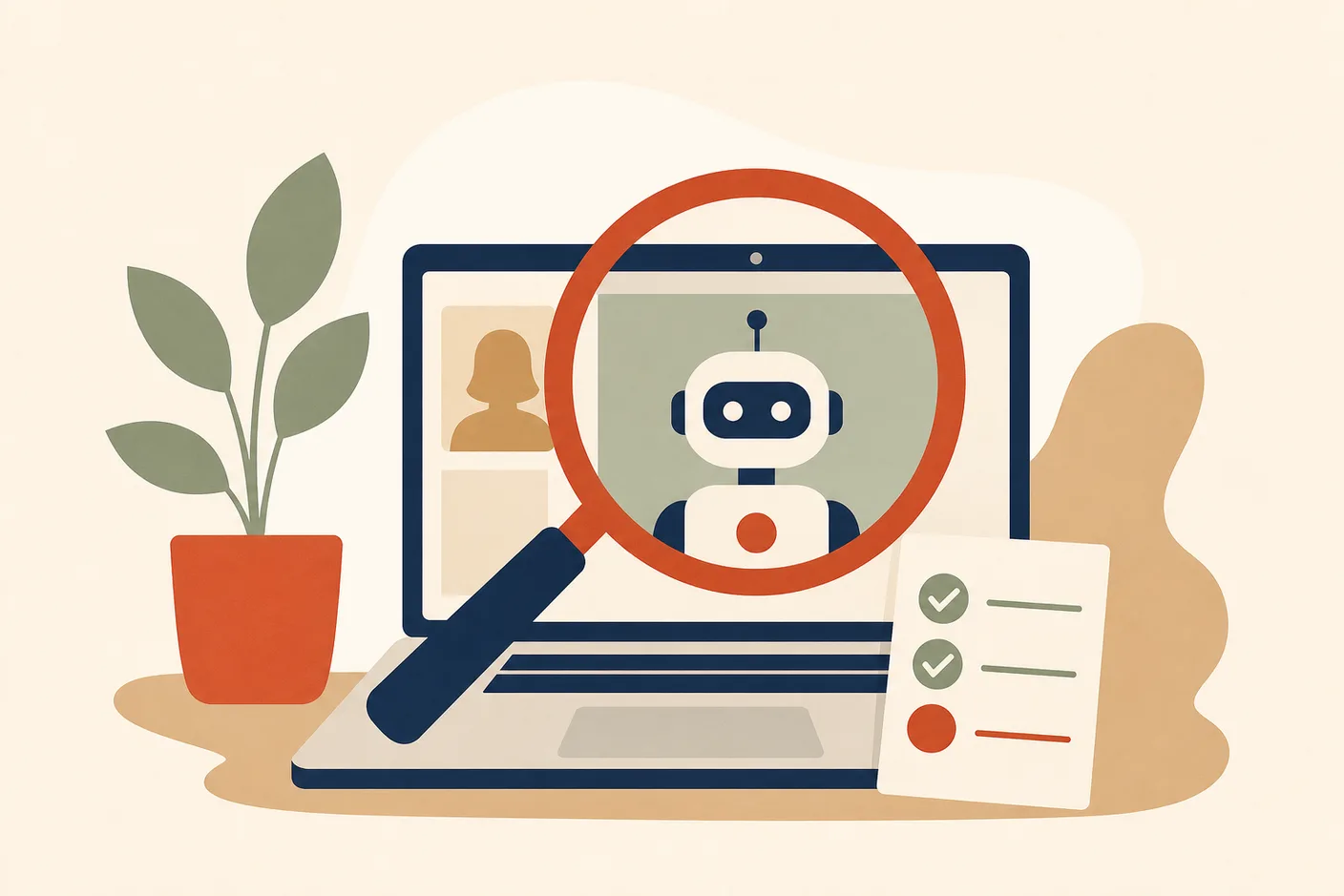 Illustration of a magnifying glass over a laptop showing a video interview window with a small robot avatar, a checklist card beside the trackpad