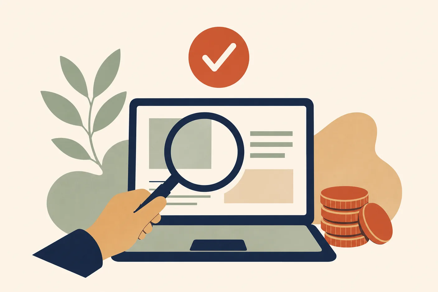Illustration of a magnifying glass held over a laptop with a checkmark badge floating above the screen, a small stack of coins beside the trackpad