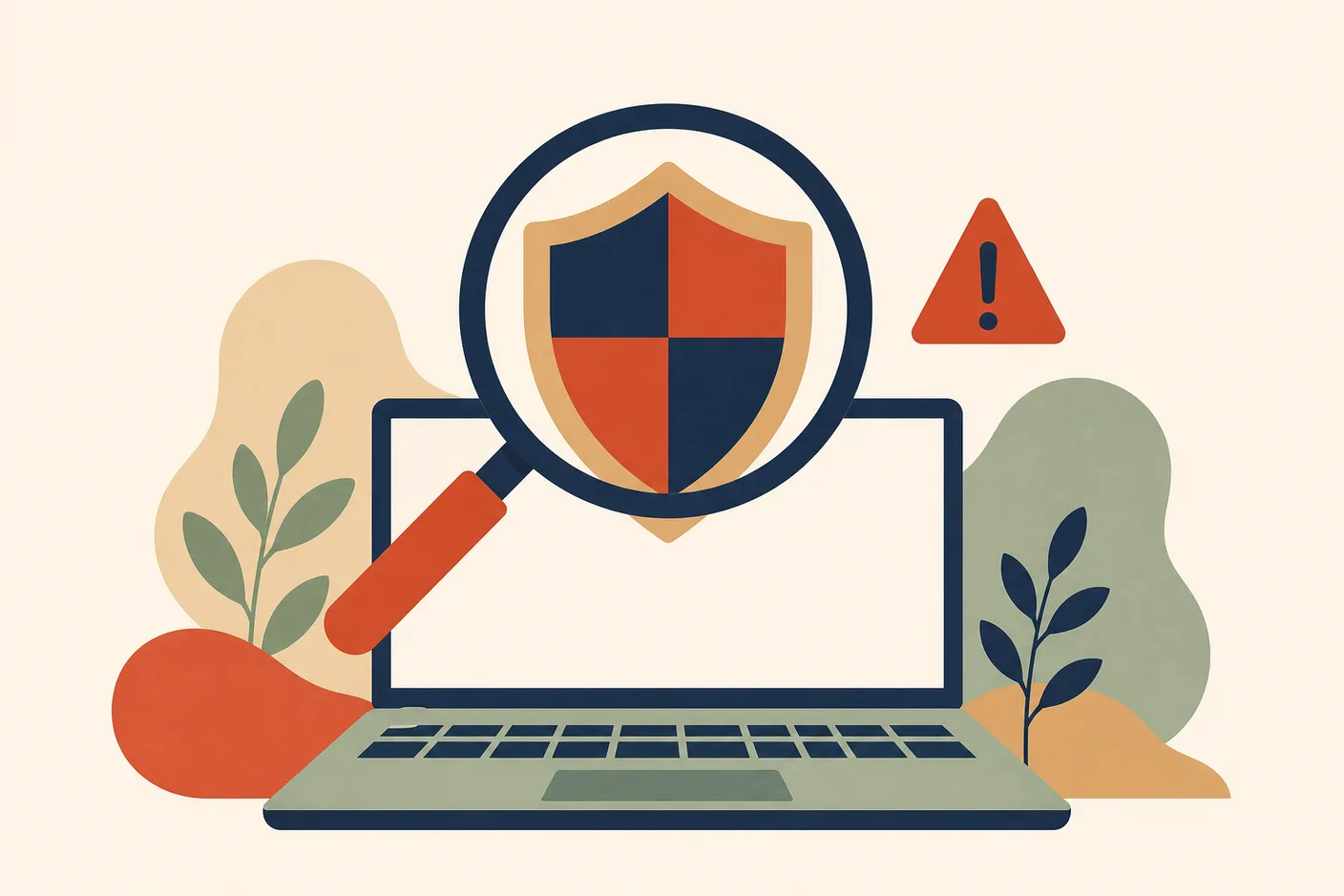 Illustration of a magnifying glass inspecting a shield badge hovering above a laptop keyboard, a small warning triangle floating nearby