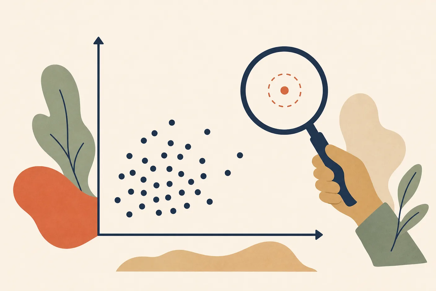 Illustration of a scatter of dots on a chart with one distant outlier dot circled by a magnifying glass