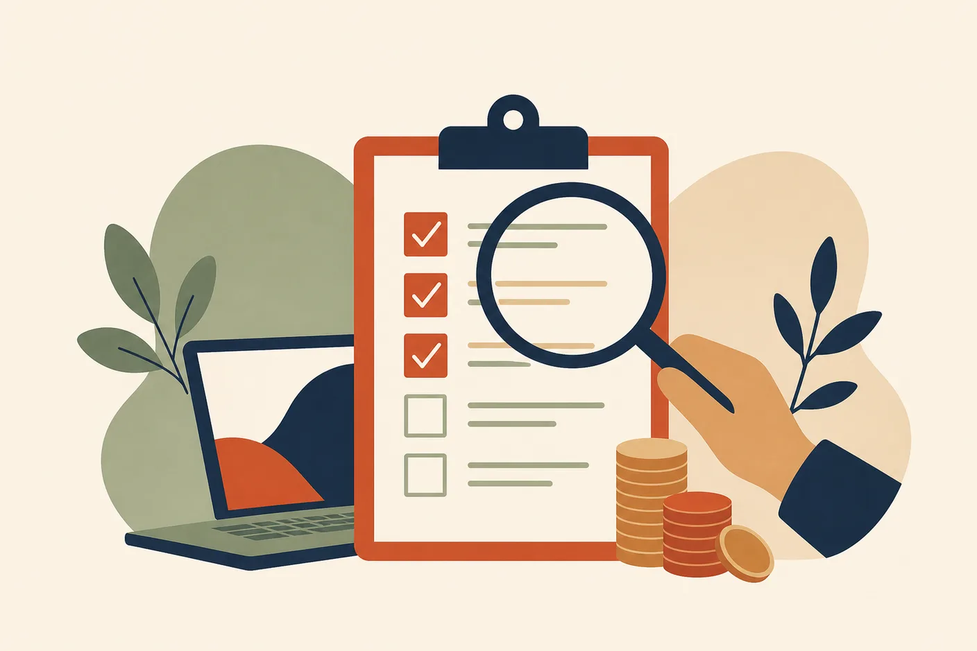 Illustration of a magnifying glass over a clipboard survey form with tick boxes beside a laptop, a few coins stacked next to it