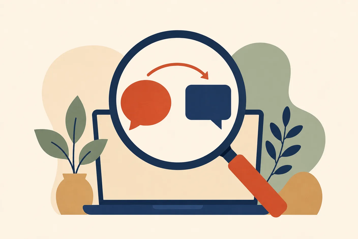 Illustration of a magnifying glass inspecting two speech bubbles of different shapes linked by a curved arrow above a laptop