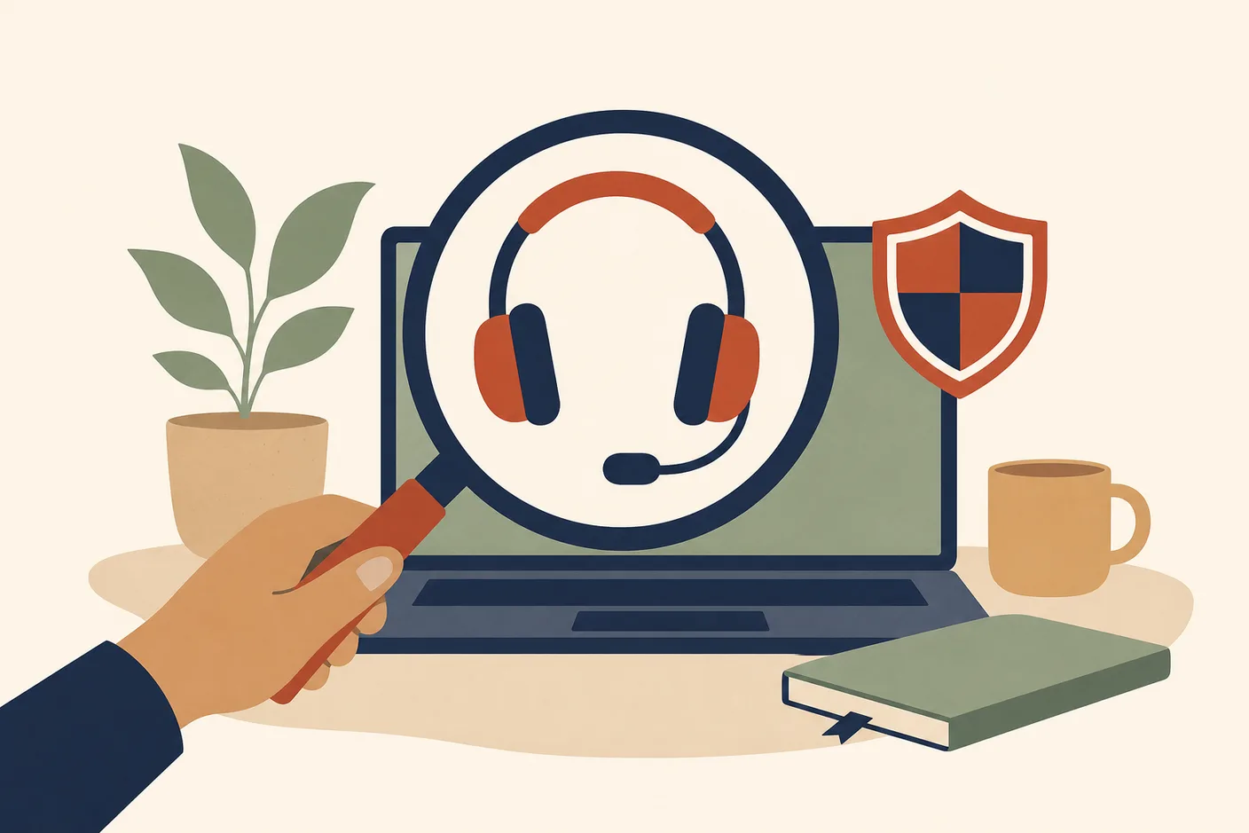 Illustration of a magnifying glass held over a headset and a laptop on a desk, a small shield badge floating beside the screen