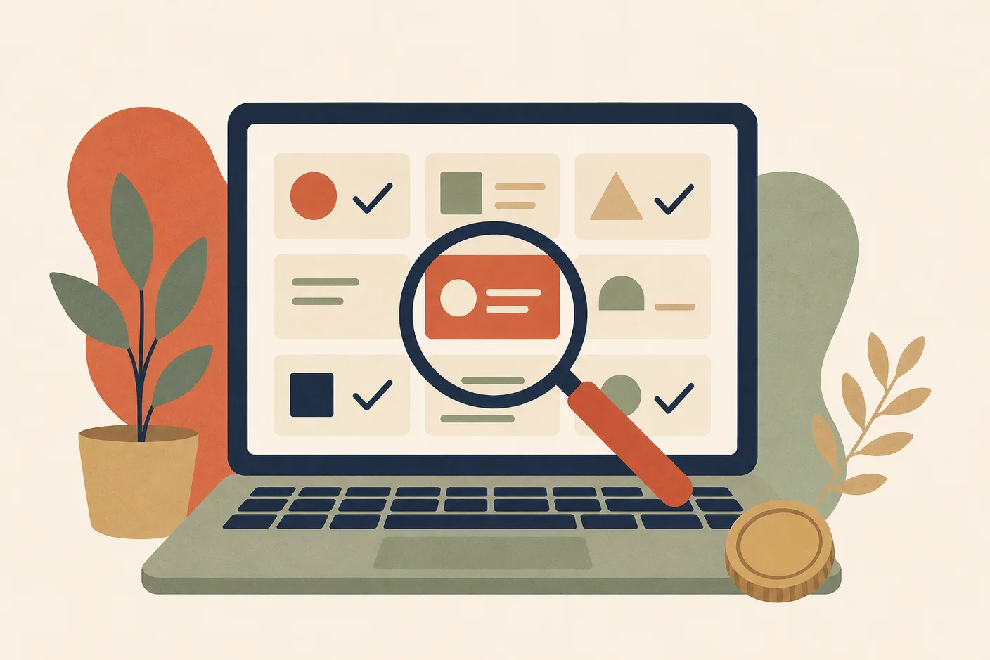 Illustration of a magnifying glass over a grid of small task tiles on a laptop screen, some tiles checked, a coin beside the trackpad