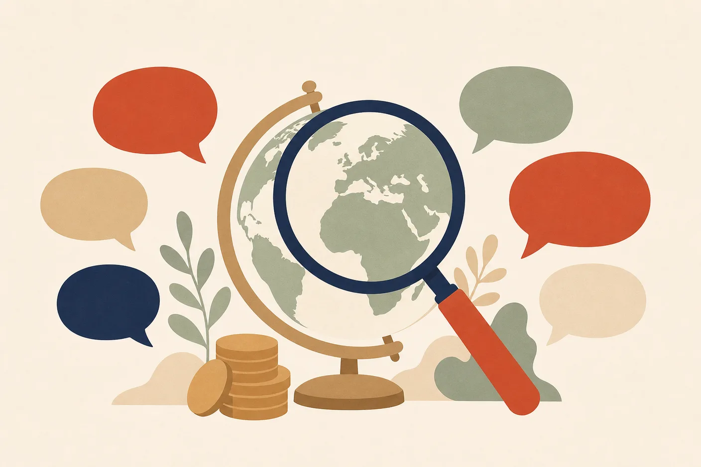 Illustration of a magnifying glass over a globe surrounded by empty speech bubbles, a small stack of coins at its base