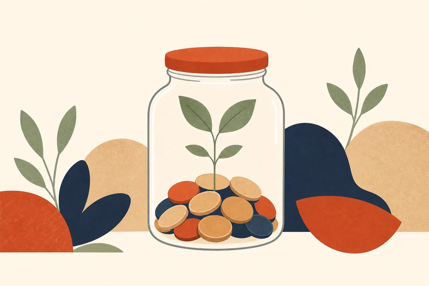 Illustration of a glass savings jar with a sealed lid, a small green sprout growing from the coins inside