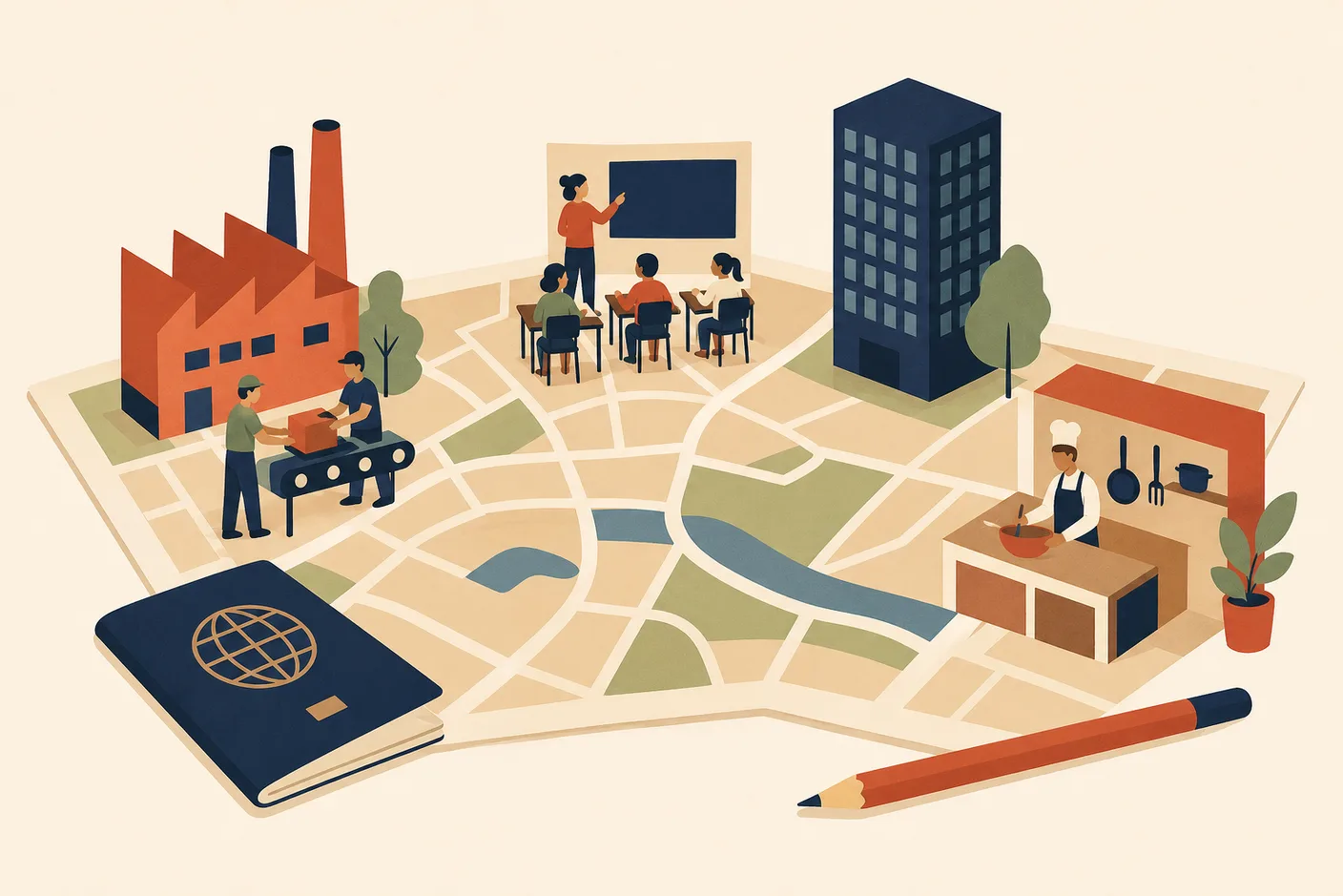 Illustration of a wide tabletop map of a small city with tiny workplaces set on it, a factory, a classroom, an office tower and a kitchen, with a passport and a pencil resting beside the map