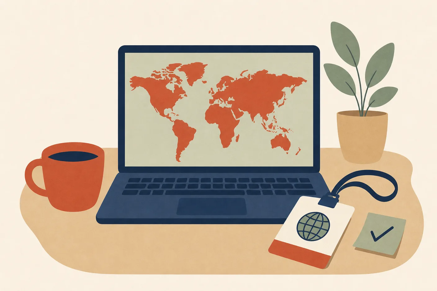 Illustration of a desk with a laptop showing a world map, a coffee cup, and a name badge with a small globe icon, beside a sticky note with a check mark