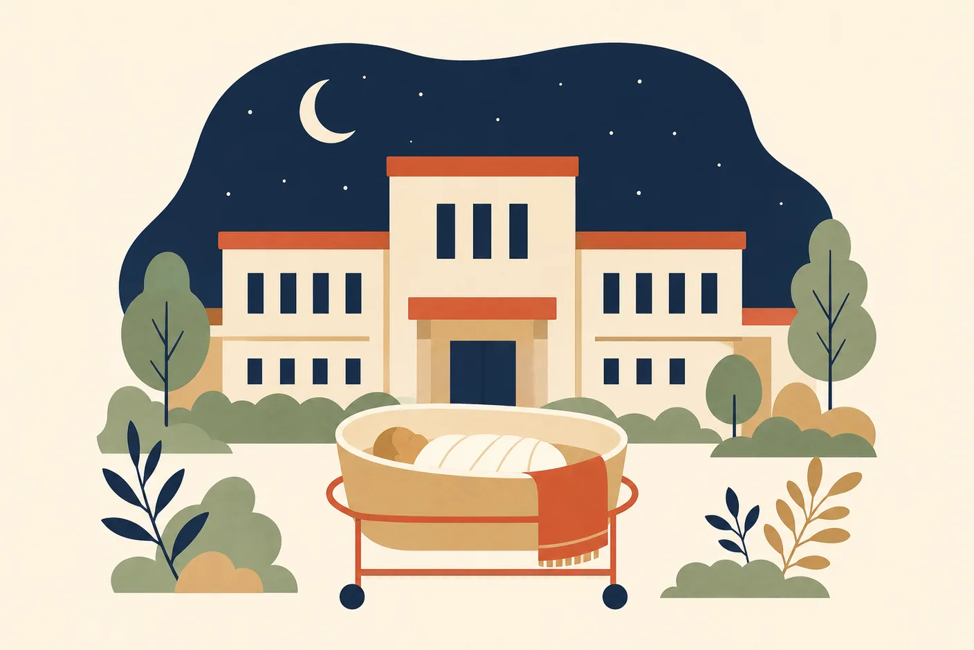 Illustration of a hospital building under a crescent moon with a swaddled baby bundle in a bassinet in front