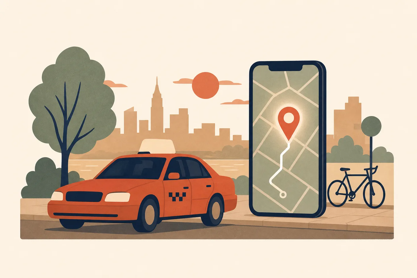 Illustration of a taxi at a curb at dusk with a large smartphone beside it showing a glowing route pin, a bicycle and a parking sign small in the background